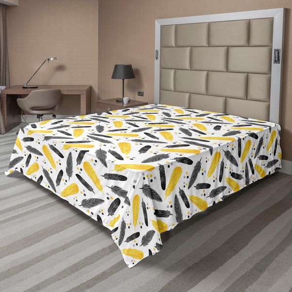 Abakuhaus Lenzuolo Giallo, Motivo Piume Di Uccello Con Pois Stile Esotico Design Tribale Stampa Animalier, Lenzuolo Morbido E Confortevole Per Un Letto Decorativo 1 Pezzo 275 Cm X 260 Cm, Giallo Nero-image