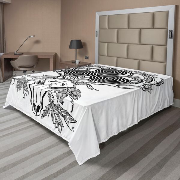 Abakuhaus Lenzuolo Celtico, Teschio Di Cervo Con Piume Etniche Indiane E Motivi Celtici Sulle Corna Boho, Lenzuolo Morbido E Confortevole Per Un Letto Decorativo 1 Pezzo 260 Cm X 228 Cm, Bianco Nero-image