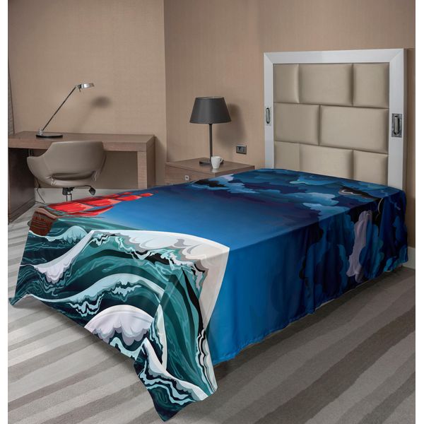 Abakuhaus Lenzuolo Nautico, Contenitore Vintage Vela Tempesta Notturna Onde Maestose Stampa, Lenzuolo Morbido E Confortevole Per Un Letto Decorativo 1 Pezzo 190 Cm X 100 Cm, Blu Arancione Prugna-image