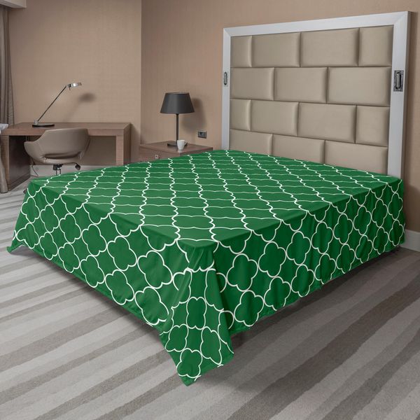 Abakuhaus Lenzuolo Quatrefoil, Quadrifoglio Su Motivo Mosaico Marocchino, Stampa Digitale Tradizionale, Lenzuolo Morbido E Confortevole Per Un Letto Decorativo, 1 Pezzo, 260 Cm X 228 Cm, Verde-image