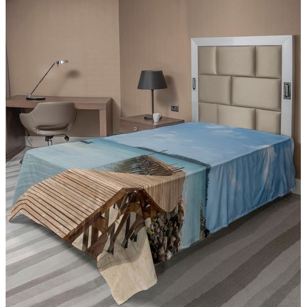 Abakuhaus Lenzuolo Con Paesaggio, Vecchio Ponte Di Legno Sul Mare Blu Vicino A Koh Kood Trat Thailandia Spiaggia Esotica, Lenzuolo Morbido E Confortevole Per Un Letto Decorativo 1 Pezzo 190 Cm X 100 Cm, Marrone Blu-image