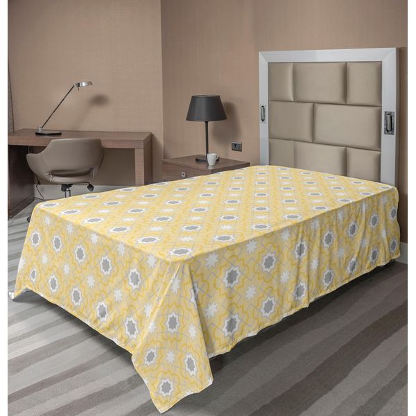 Abakuhaus Lenzuolo Quatrefoil, Motivo Orientale Girih Con Piastrelle A Forma Di Trifoglio E Stampa A Stella Marocchina, Lenzuolo Morbido E Confortevole Per Un Letto Decorativo 1 Pezzo 190 Cm X 100 Cm, Giallo E Bianco-image