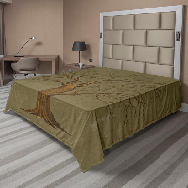 Abakuhaus Lenzuolo Da Letto Con Illustrazione Di Un Grande Albero Su Carta Antica, Stampa Grafica In Stile Vintage, Lenzuolo Morbido E Confortevole Per Un Letto Decorativo, 1 Pezzo, 260 Cm X 228 Cm, Verde Oliva.-image