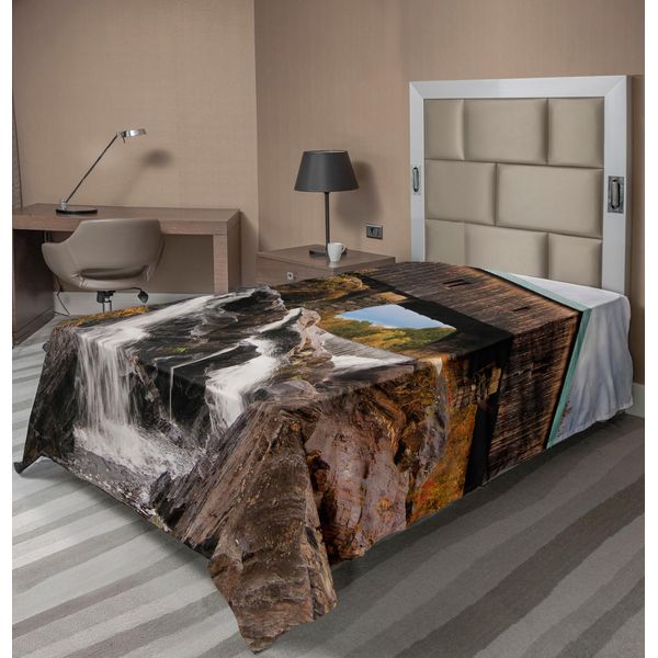Abakuhaus Lenzuolo Paesaggistico, Vecchio Ponte Coperto In Quercia Rustica Sopra Una Cascata Rocciosa, Città Americana, Lenzuolo Morbido E Confortevole Per Un Letto Decorativo, 1 Pezzo, 260 Cm X 168 Cm, Marrone-image