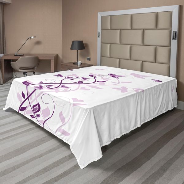 Abakuhaus Lenzuolo Viola, Albero Viola, Fiore Persiano Viola Con Farfalla, Motivo Floreale Decorativo, Lenzuolo Morbido E Confortevole Per Un Letto Decorativo, 1 Pezzo, 244 Cm X 205 Cm, Bianco E Viola-image