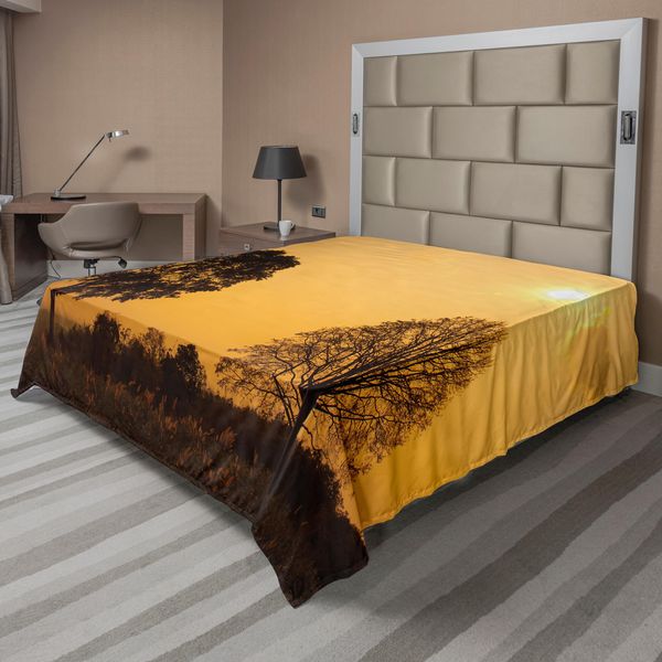 Abakuhaus Lenzuolo Con Stampa Albero, Albero Del Deserto Al Tramonto Sunny Hot Summer Day Safari Paesaggio Immagine Stampata, Morbido E Confortevole Lenzuolo Superiore Per Un Letto Decorativo 1 Pezzo 275 Cm X 260 Cm, Arancione Marrone-image