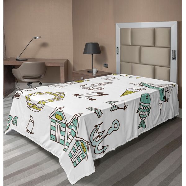 Abakuhaus Lenzuolo Nautico, Elementi Marini Pesci Faro Nave Costume Da Bagno Gabbiani Salvagente Stampa, Lenzuolo Morbido E Confortevole Per Un Letto Decorativo 1 Pezzo 190 Cm X 100 Cm, Verde Pallido Giallo-image