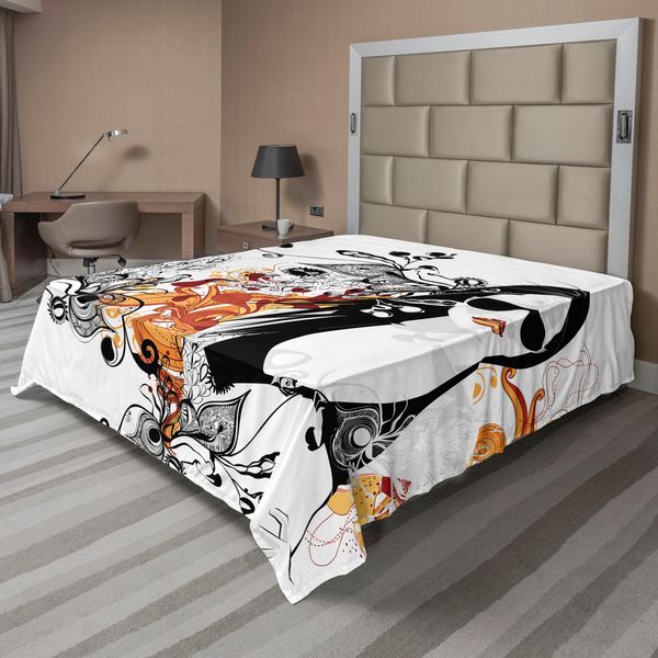 Abakuhaus Lenzuolo Da Letto Femminile, Party Girl Glasses Con Fiori Decorativo Motivo Sfondo Immagine, Morbido E Confortevole Lenzuolo Superiore Per Un Letto Decorativo 1 Pezzo 266 Cm X 260 Cm, Arancione Nero-image