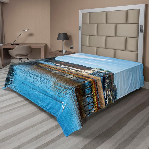 Abakuhaus Lenzuolo Decorativo, Vista Del Ponte Delle Cappelle Di Quercia, Lago NordläNder, Stampa Di Città Europea, Lenzuolo Morbido E Confortevole Per Un Letto Decorativo, 1 Pezzo, 275 Cm X 260 Cm, Marrone Blu-image