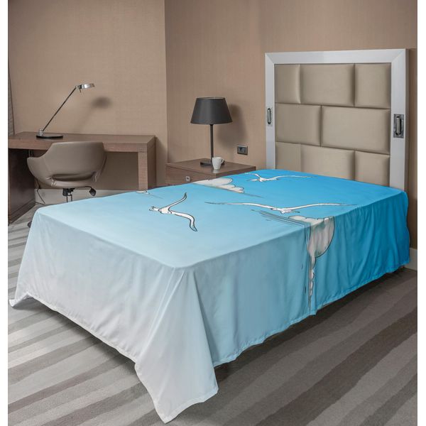 Abakuhaus Lenzuolo Seagulls, Gabbiani, Su Sfondo Cielo Sfumato Con Nuvole Disegnate A Mano, Morbido E Confortevole Lenzuolo Superiore Per Un Letto Decorativo, 1 Pezzo, 190 Cm X 100 Cm, Bianco E Blu.-image