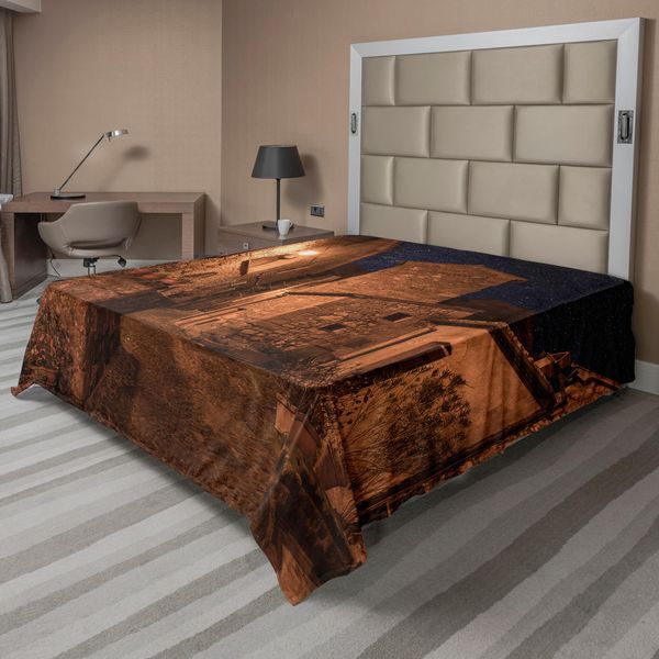 Abakuhaus Lenzuolo Vintage, Strada Antica In Tufo Con Case In Pietra E Panorama Urbano Romano Arte Illuminata, Lenzuolo Morbido E Confortevole Per Un Letto Decorativo 1 Pezzo 275 Cm X 260 Cm, Color Cuoio-image
