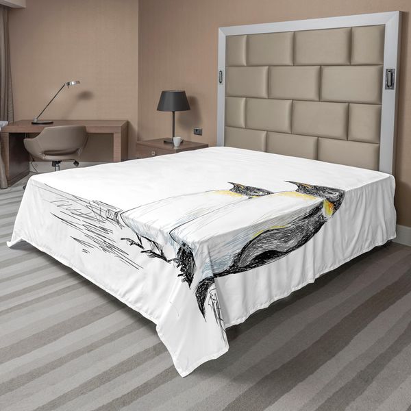 Abakuhaus Lenzuolo Con Animali Marini, Disegno A Mano, Pinguini, Uccelli Acquatici, Polo Sud, Stampa Selvaggia, Lenzuolo Morbido E Confortevole Per Un Letto Decorativo, 1 Pezzo, 275 Cm X 260 Cm, Bianco E Nero-image