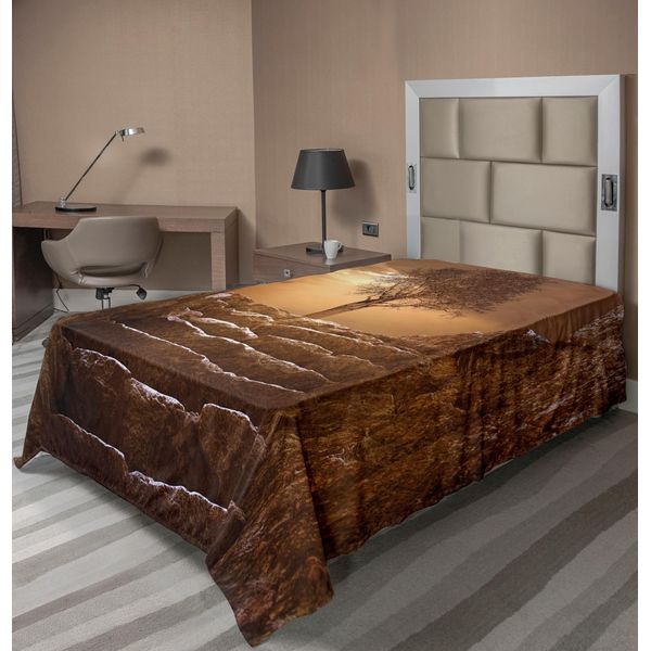Abakuhaus Lenzuolo Con Albero, Un Albero All'ingresso Con Scalinata In Pietra, Raggi Di Sole, Cielo Nuvoloso, Paesaggio Invernale, Lenzuolo Morbido E Confortevole Per Un Letto Decorativo, 1 Pezzo, 260 Cm X 168 Cm, Marrone-image