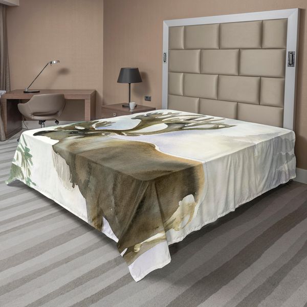 Abakuhaus Lenzuolo Con Corna Di Cervo, Alce, Foresta Invernale, Natura Selvaggia, Renna, Tema Natalizio, Stile Acquerello, Lenzuolo Morbido E Confortevole Per Un Letto Decorativo, 1 Pezzo, 260 Cm X 228 Cm, Beige E Verde.-image