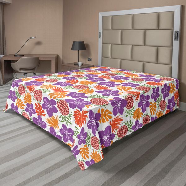 Abakuhaus Lenzuolo Con Stampa Vivace E Colorata, Foglie Naturali, Fiori Di Ibisco, Ananas, Hawaii Tropicali, Morbido E Confortevole Lenzuolo Superiore Per Un Letto Decorativo, 1 Pezzo, 260 Cm X 228 Cm, Multicolore-image