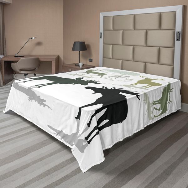 Abakuhaus Lenzuolo Con Corna Di Cervo, Alce, Cervo Rosso, Cerbiatto, Silhouette, Sfondo Bosco, Tema Habitat Naturale, Lenzuolo Morbido E Confortevole Per Un Letto Decorativo, 1 Pezzo, 244 Cm X 205 Cm, Verde E Nero-image