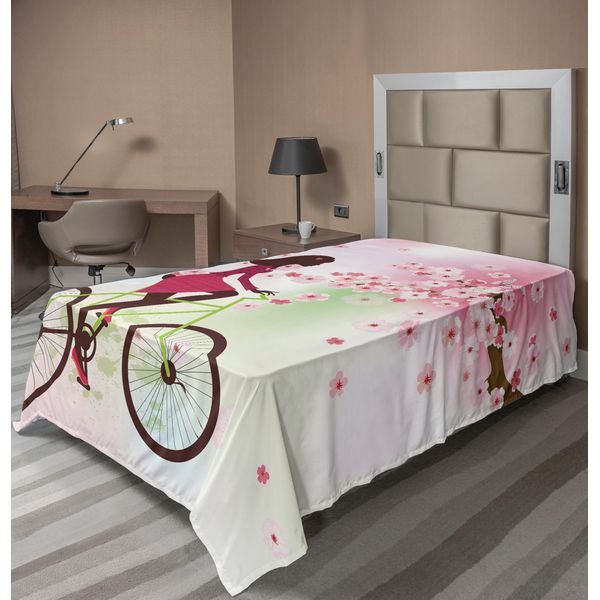 Abakuhaus Lenzuolo Femminile, Ragazza In Bicicletta, Tra I Ciliegi In Fiore, Natura Primaverile In Fiore, Lenzuolo Morbido E Confortevole Per Un Letto Decorativo 1 Pezzo 260 Cm X 168 Cm, Verde Rosa-image