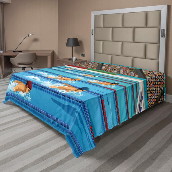 Abakuhaus Lenzuolo Olympia, Illustrazione Nuotatori Durante Il Nuoto Tema Caricatura Arte In Mostra, Lenzuolo Morbido E Confortevole Per Un Letto Decorativo 1 Pezzo 260 Cm X 228 Cm, Blu Beige Rosso-image