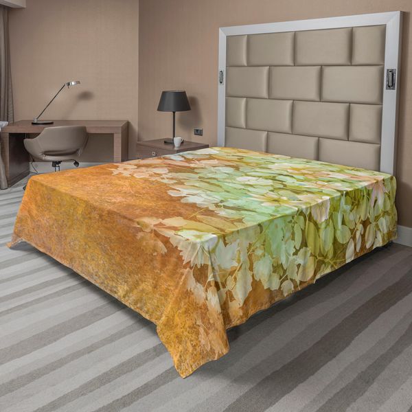 Abakuhaus Lenzuolo Grunge, Fiori E Foglie, Pittura Vintage Su Sfondo Sfocato, Stampa Artistica Floreale, Lenzuolo Morbido E Confortevole Per Un Letto Decorativo, 1 Pezzo, 244 Cm X 205 Cm, Verde Senape-image