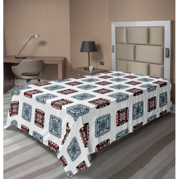 Abakuhaus Lenzuolo Batik, Linee Geometriche Quadrate, Motivi Tribali Aztechi Con Dettagli Etnici, Immagine Batik Popolare, Lenzuolo Morbido E Confortevole Per Un Letto Decorativo, 1 Pezzo, 190 Cm X 100 Cm, Multicolore-image