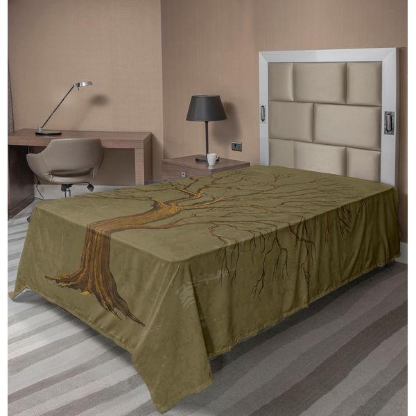 Abakuhaus Lenzuolo Da Letto Con Illustrazione Di Un Grande Albero Su Carta Antica, Stampa Grafica In Stile Vintage, Lenzuolo Morbido E Confortevole Per Un Letto Decorativo, 1 Pezzo, 260 Cm X 168 Cm, Verde Oliva.-image