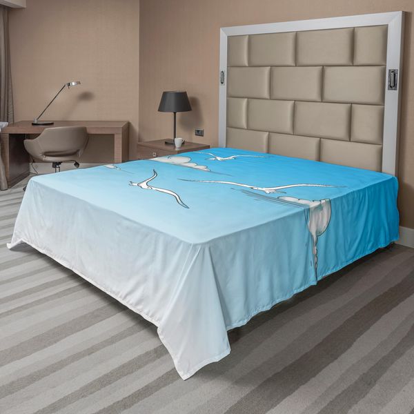 Abakuhaus Lenzuolo Seagulls, Gabbiani, Su Sfondo Cielo Sfumato Con Nuvole Disegnate A Mano, Morbido E Confortevole Lenzuolo Superiore Per Un Letto Decorativo, 1 Pezzo, 275 Cm X 260 Cm, Bianco E Blu.-image
