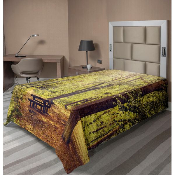 Abakuhaus Lenzuolo Da Letto Bosco, Tavolo Da Picnic Nel Bosco Fogliame Verde Natura Tema Estate E Inverno Tema, Morbido E Confortevole Lenzuolo Superiore Per Un Letto Decorativo 1 Pezzo 260 Cm X 168 Cm, Verde Marrone-image