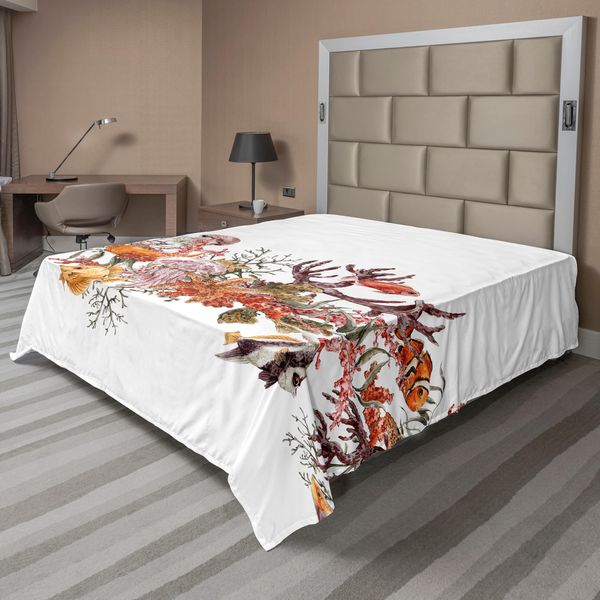 Abakuhaus Lenzuolo Con Motivi Marini, Pesci, Alghe, Stelle Marine, Coralli, Meduse, Vita Marina, Illustrazione Estiva, Lenzuolo Morbido E Confortevole Per Un Letto Decorativo, 1 Pezzo, 244 Cm X 205 Cm, Senape-image
