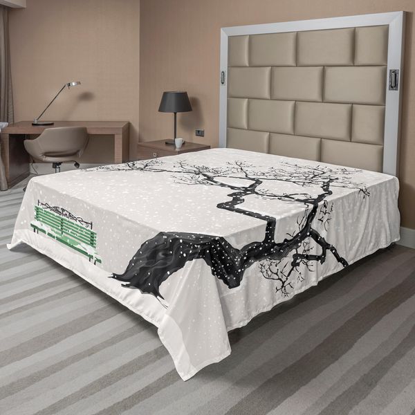 Abakuhaus Lenzuolo Da Letto, Drastico Paesaggio Invernale Con Panchina Retrò E Albero Solitario In Una Giornata Fredda, Morbido E Confortevole Lenzuolo Superiore Per Un Letto Decorativo 1 Pezzo 260 Cm X 228 Cm, Grigio Antracite Verde Mare-image