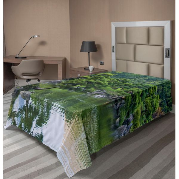Abakuhaus Lenzuolo Giapponese, Paesaggio Fluviale Con Alberi In Fiore, Pietre Silenziose Nel Giardino Della Bellezza, Lenzuolo Morbido E Confortevole Per Un Letto Decorativo, 1 Pezzo, 190 Cm X 100 Cm, Verde-image