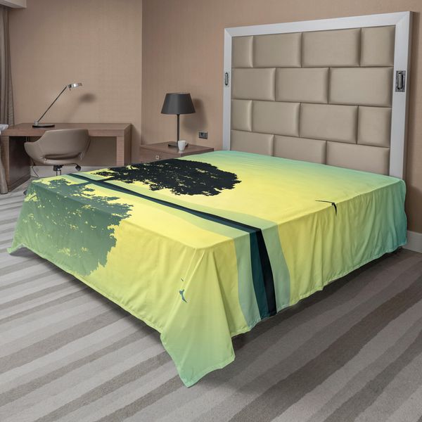 Abakuhaus Lenzuolo Naturale, Solo Con Riflessi Nell'acqua, Silhouette Di Gabbiani, Paesaggio Naturale, Morbido E Confortevole Lenzuolo Superiore Per Un Letto Decorativo, 1 Pezzo, 266 Cm X 260 Cm, Giallo Verde-image