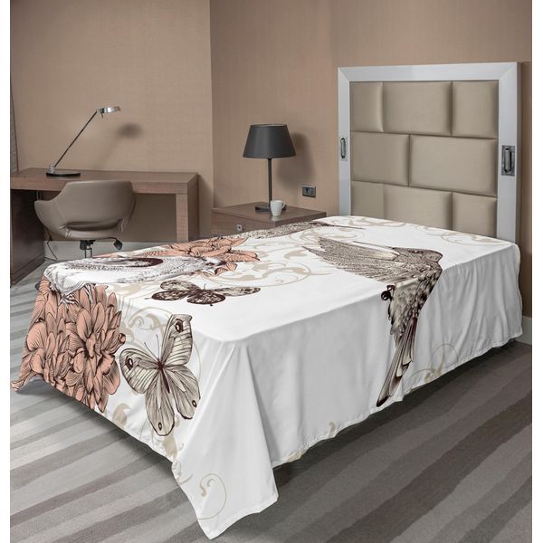 Abakuhaus Lenzuolo Kolibri, Grafica Vintage Con Uccelli E Farfalle Su Sfondo Floreale Ornamentale, Lenzuolo Morbido E Confortevole Per Un Letto Decorativo, 1 Pezzo, 190 Cm X 100 Cm, Marrone Chiaro-image