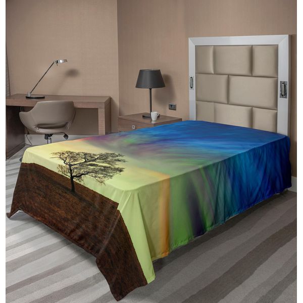 Abakuhaus Lenzuolo Con Albero, Unico Albero Sotto Un Cielo Colorato E Surreale, Arte Primaverile, Lenzuolo Morbido E Confortevole Per Un Letto Decorativo, 1 Pezzo, 190 Cm X 100 Cm, Marrone E Blu-image