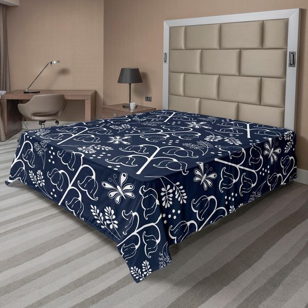 Abakuhaus Lenzuolo Blu Navy, Motivo Floreale Con Tulipani Blu E Foglie E Rami, Stampa Femminile, Lenzuolo Morbido E Confortevole Per Un Letto Decorativo, 1 Pezzo, 244 Cm X 205 Cm, Blu Scuro E Bianco-image