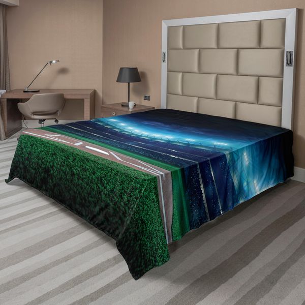 Abakuhaus Lenzuolo Da Baseball, Campo Da Baseball Professionale, Stampa Notturna Con Tema Stadio, Campo Da Gioco, Campionato, Lenzuolo Morbido E Confortevole Per Un Letto Decorativo, 1 Pezzo, 275 Cm X 260 Cm, Verde Blu-image