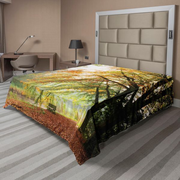 Abakuhaus Lenzuolo Da Letto Bosco, Panorama Autunnale In Un Bosco Con Foglie Dai Colori Sbiaditi Immagine Autunnale Dell'europa Settentrionale, Lenzuolo Superiore Morbido E Confortevole Per Un Letto Decorativo 1 Pezzo 266 Cm X 260 Cm, Arancione Verde-image