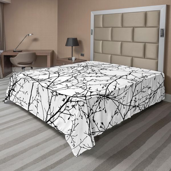 Abakuhaus Lenzuolo Naturale, Rami Con Gemme Springtime Woodland Countryside Design Monocromatico Naturale, Lenzuolo Superiore Morbido E Confortevole Per Un Letto Decorativo 1 Pezzo 260 Cm X 228 Cm, Bianco Nero-image