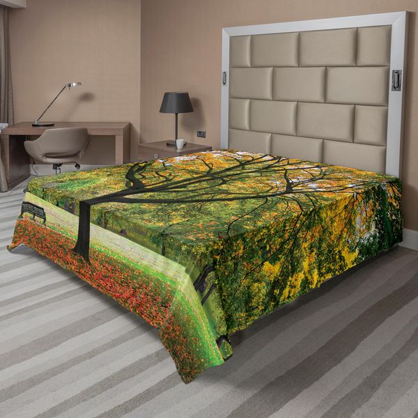 Abakuhaus Lenzuolo Con Motivo Alberi, Terza Stagione Dell'anno Nel Parco Foglie Morte Autunno Inverno Immagine Stagionale, Morbido E Confortevole Lenzuolo Superiore Per Un Letto Decorativo 1 Pezzo 244 Cm X 205 Cm, Verde Giallo-image