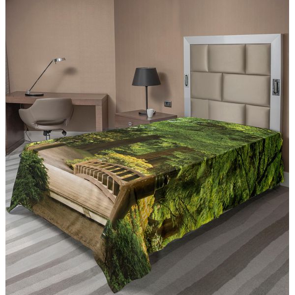 Abakuhaus Lenzuolo Giapponese, Ponte Di Legno Sopra Uno Stagno Nel Giardino, Tranquillità All'ombra Dell'albero, Tranquillità Nella Natura, Lenzuolo Morbido E Confortevole Per Un Letto Decorativo, 1 Pezzo, 190 Cm X 100 Cm, Verde Marrone-image