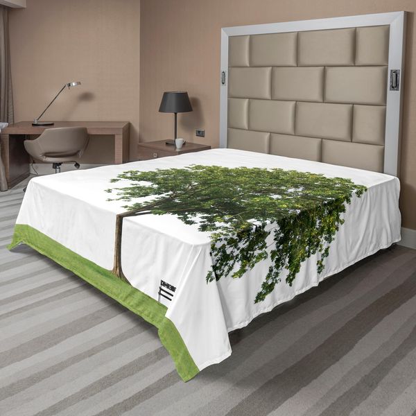 Abakuhaus Lenzuolo Da Letto, Panchina Sotto Un Albero Maestoso Che Sembra Un Simbolo Di Solitudine Nel Design Dell'ambiente Abitativo, Lenzuolo Superiore Morbido E Confortevole Per Un Letto Decorativo 1 Pezzo 260 Cm X 228 Cm, Verde Bianco-image
