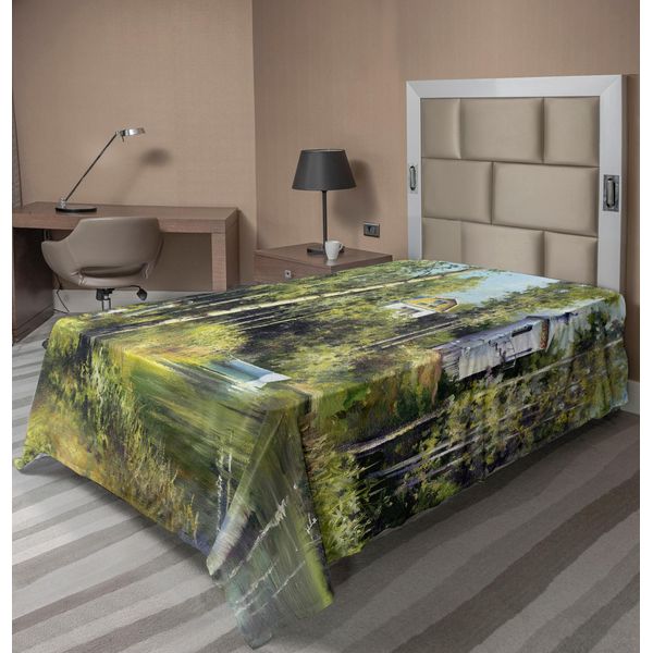 Abakuhaus Lenzuolo Naturale, Paesaggio Con Una Vecchia Casa, Un Lago E Un Villaggio Retrò, Lenzuolo Morbido E Confortevole Per Un Letto Decorativo, 1 Pezzo, 260 Cm X 168 Cm, Verde-image