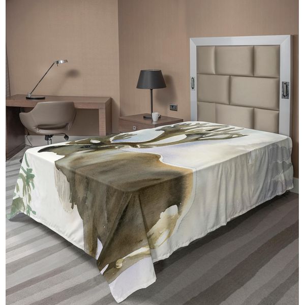 Abakuhaus Lenzuolo Con Corna Di Cervo, Alce, Foresta Invernale, Natura Selvaggia, Renna, Tema Natalizio, Stile Acquerello, Lenzuolo Morbido E Confortevole Per Un Letto Decorativo, 1 Pezzo, 190 Cm X 100 Cm, Beige E Verde.-image