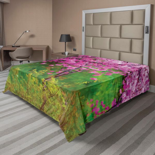 Abakuhaus Lenzuolo Giapponese, Sakura Flowers Alberi In Primavera Giardino Paesaggio Motivo Floreale Rosa, Lenzuolo Morbido E Confortevole Per Un Letto Decorativo 1 Pezzo 260 Cm X 228 Cm, Rosa E Verde-image