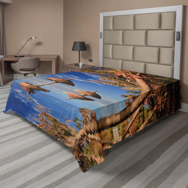 Abakuhaus Lenzuolo Naturale, Palme Nell'oceano, Skyline Esotico, Paradiso Estivo, Tema Luna Di Miele Alle Mauritius, Lenzuolo Morbido E Confortevole Per Un Letto Decorativo, 1 Pezzo, 244 Cm X 205 Cm, Marrone E Blu-image