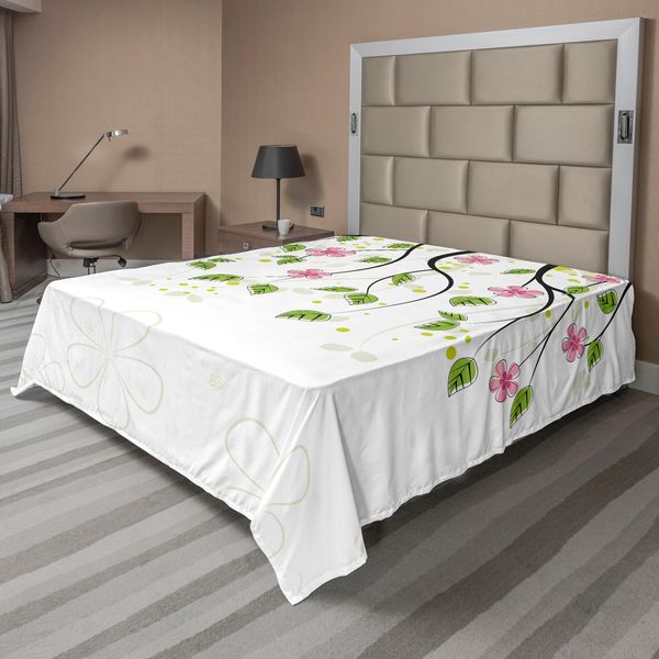 Abakuhaus Lenzuolo Con Fiori, Ramo Con Foglie E Fiori, Illustrazione Cartoon, Infanzia Felice, Estate, Natura, Arte, Lenzuolo Morbido E Confortevole Per Un Letto Decorativo, 1 Pezzo, 244 Cm X 205 Cm, Verde Rosa-image
