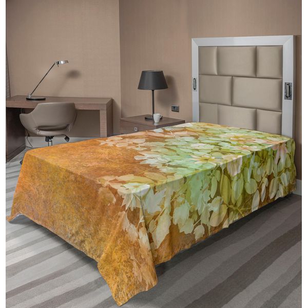 Abakuhaus Lenzuolo Grunge, Fiori E Foglie, Pittura Vintage Su Sfondo Sfocato, Stampa Artistica Floreale, Lenzuolo Morbido E Confortevole Per Un Letto Decorativo, 1 Pezzo, 260 Cm X 168 Cm, Verde Senape-image