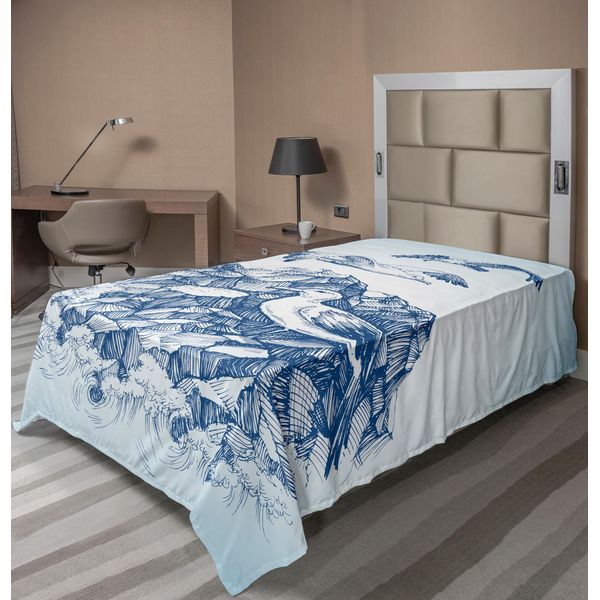 Abakuhaus Lenzuolo Seagulls, Gabbiani In Volo Sopra La Costa Rocciosa E Le Onde Che Si Infrangono, Disegno Stilizzato, Lenzuolo Morbido E Confortevole Per Un Letto Decorativo, 1 Pezzo, 190 Cm X 100 Cm, Blu Bianco Navy-image