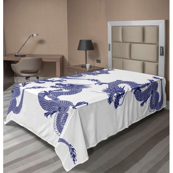 Abakuhaus Lenzuolo Con Drago, Drago Indigeno Giapponese Su Sfondo Bianco, Leggenda Creativa, Mito Asiatico Stampato, Lenzuolo Morbido E Confortevole Per Un Letto Decorativo, 1 Pezzo, 190 Cm X 100 Cm, Blu-image