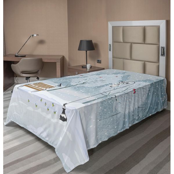 Abakuhaus Lenzuolo Natalizio, Neve, Uccellino Nel Parco In Una Fredda Giornata Invernale, Lanterne, Morbido E Confortevole Lenzuolo Superiore Per Un Letto Decorativo, 1 Pezzo, 260 Cm X 168 Cm, Blu E Bianco-image