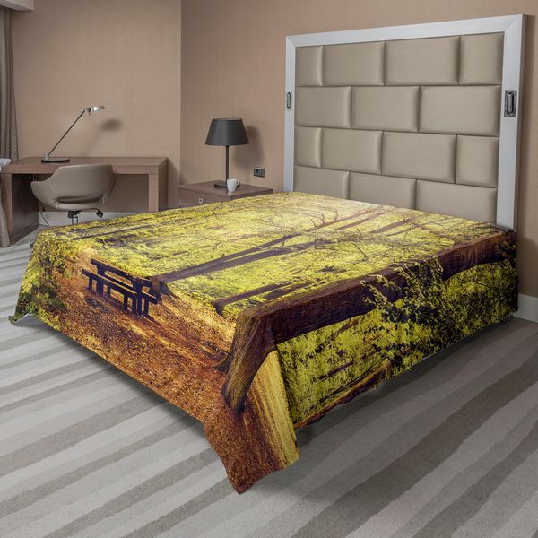 Abakuhaus Lenzuolo Da Letto Bosco, Tavolo Da Picnic Nel Bosco Fogliame Verde Natura Tema Estate E Inverno Tema, Lenzuolo Morbido E Confortevole Per Un Letto Decorativo 1 Pezzo 275 Cm X 260 Cm, Verde Marrone-image